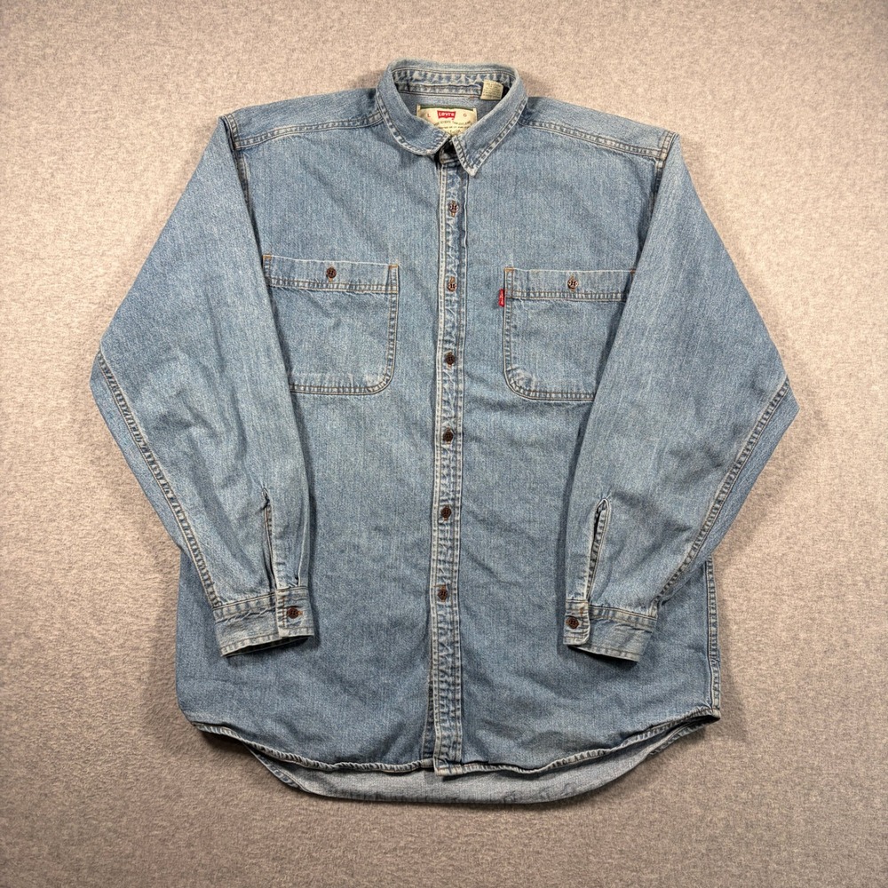 Levi's Denim Button Up Shirt Mens Large Blue Vintage 90s Long Sleeve Cotton